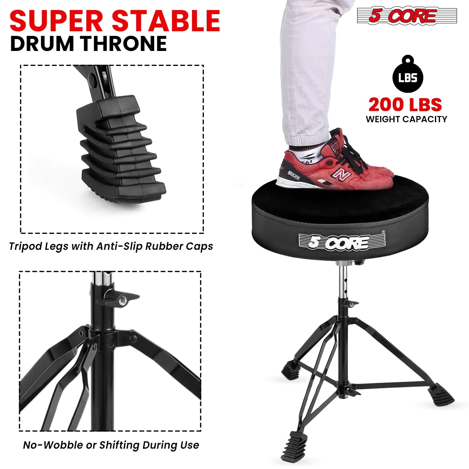 5Core Drum Throne Padded Guitar Stool Adjustable Drummer Seat for Adults & Kids VELVET BLACK